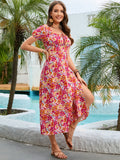 Floral Square Neck Short Sleeve Midi Dress - felvior