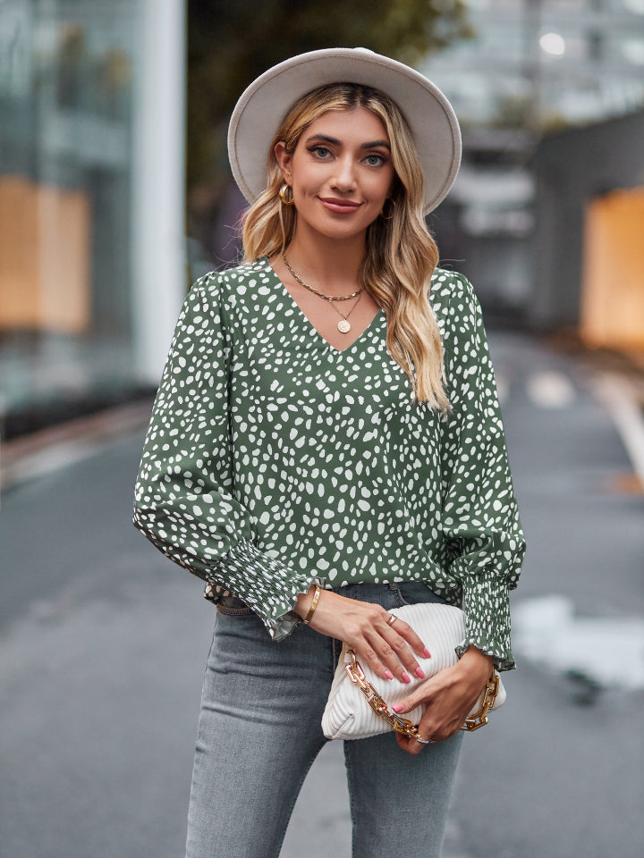 Printed V-Neck Lantern Sleeve Blouse - felvior