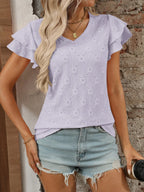 Eyelet V-Neck Ruffled Cap Sleeve Top