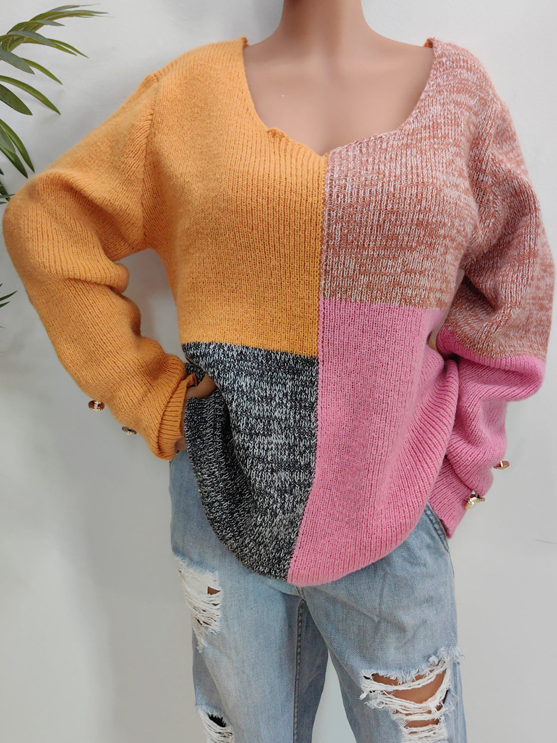 Color Block Decorative Button Long Sleeve Sweater - felvior