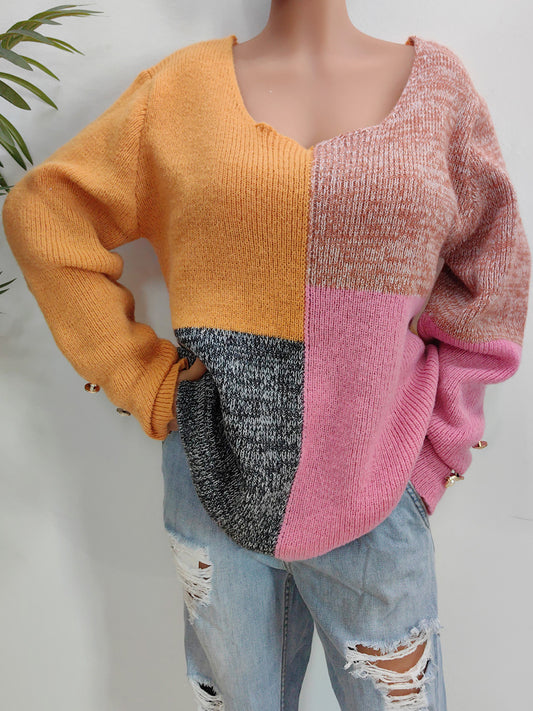 Color Block Decorative Button Long Sleeve Sweater - felvior