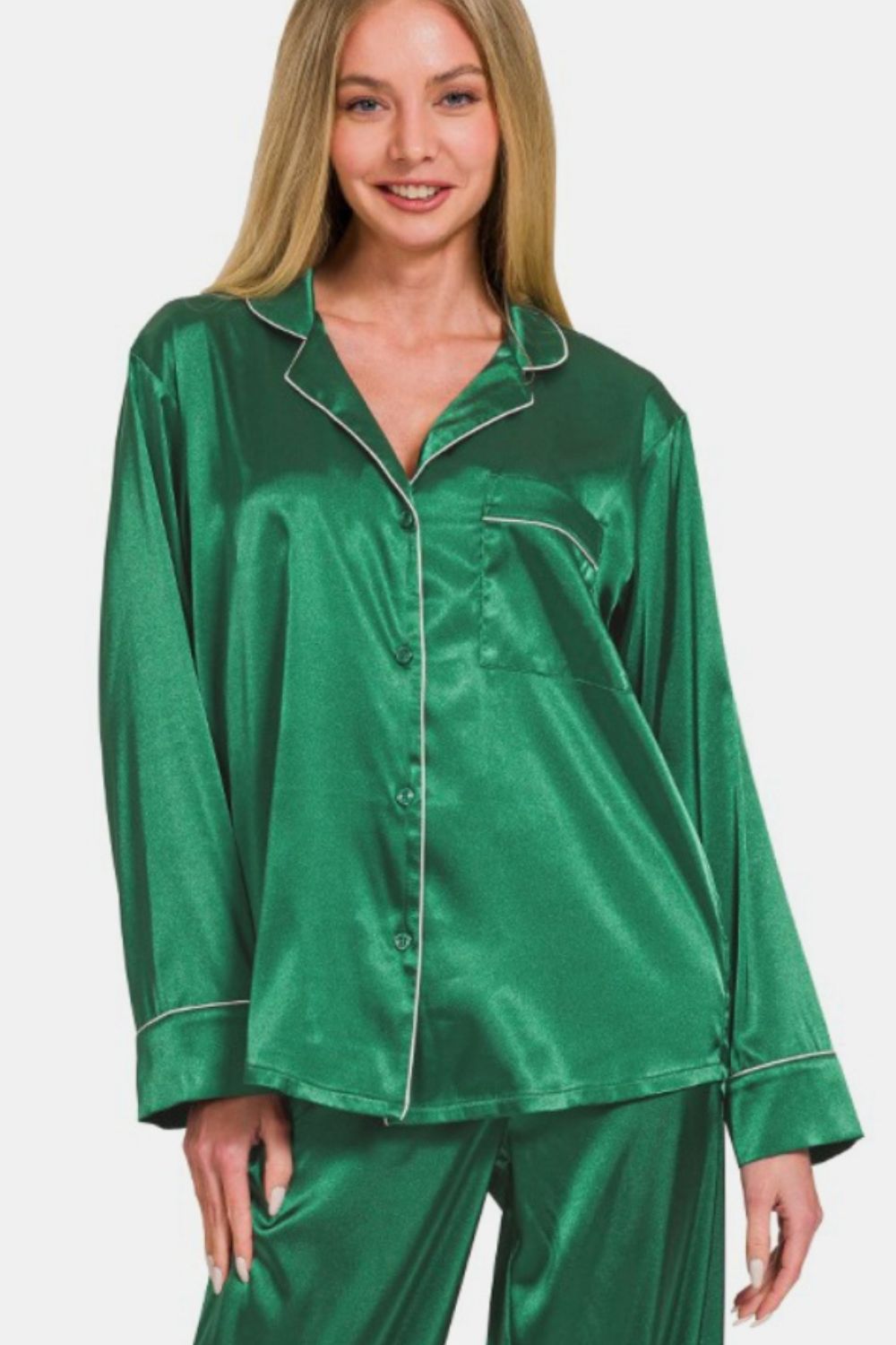 Zenana Satin Long Sleeve Shirt and Pants Pajama Set - felvior