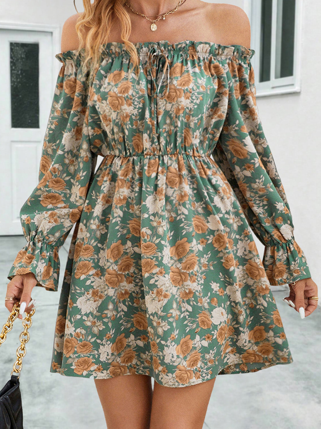 Floral Off-Shoulder Flounce Sleeve Dress - felvior