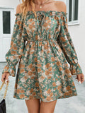 Floral Off-Shoulder Flounce Sleeve Dress - felvior