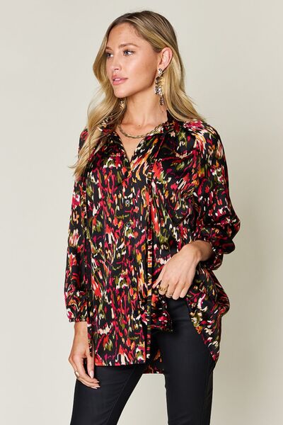 Double Take Full Size Printed Button Up Long Sleeve Shirt - felvior