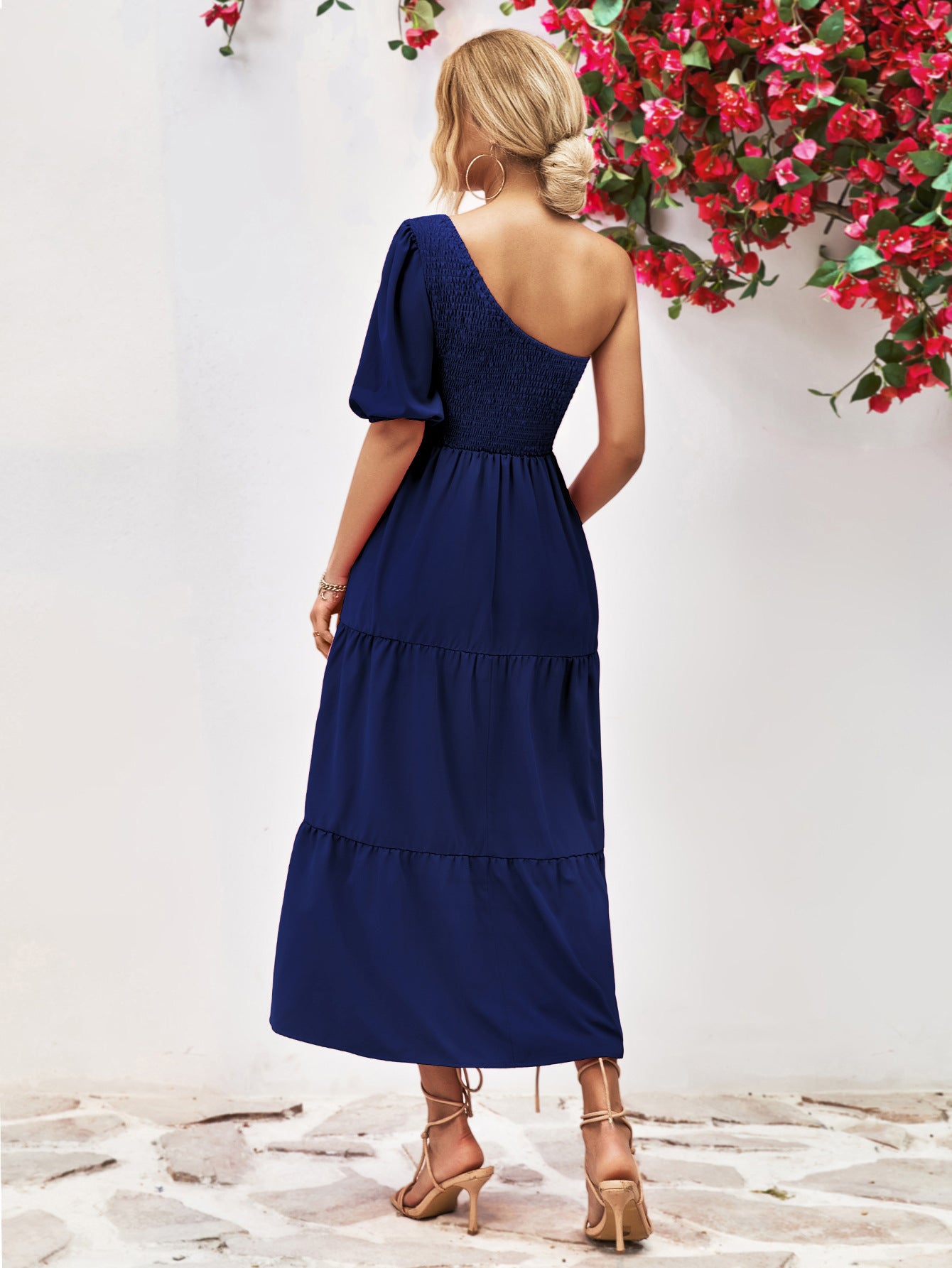 Smocked One-Shoulder Midi Dress - felvior