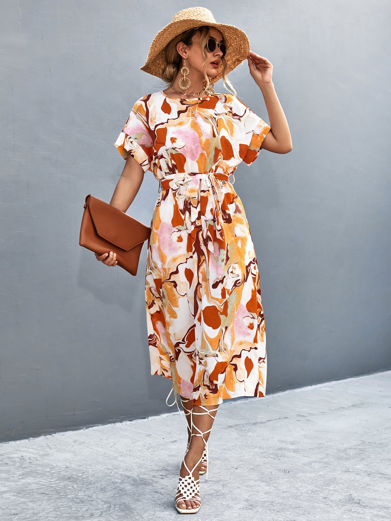 Round Neck Short Sleeve Tie Waist Midi Dress - felvior
