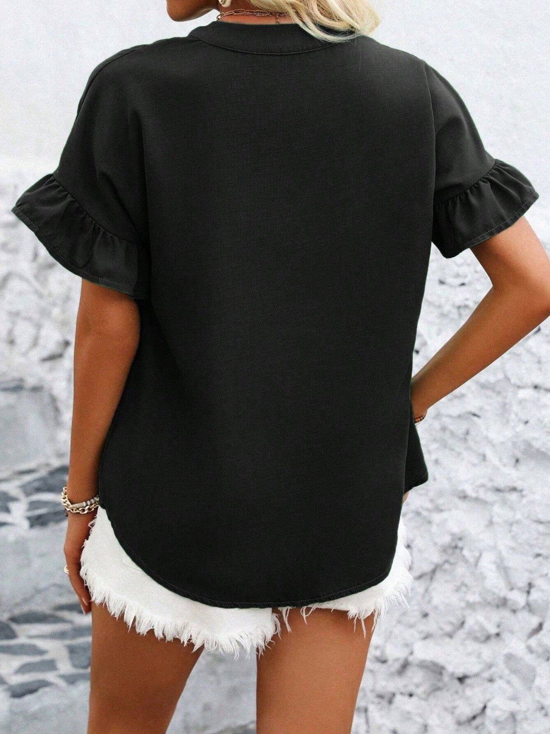 Button Down Ruffled Short Sleeve Shirt - felvior