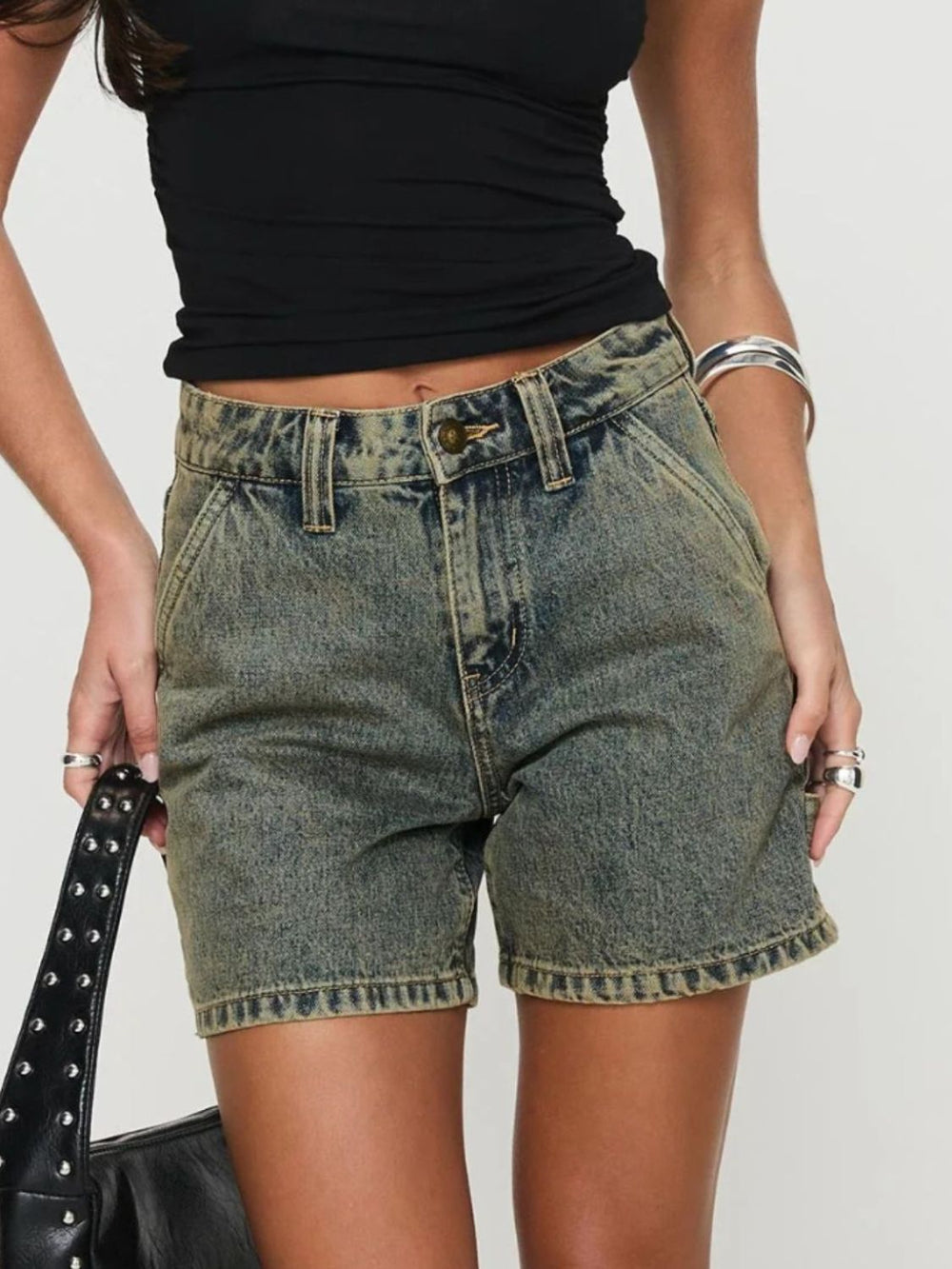 Washed High Rise Denim Shorts - felvior