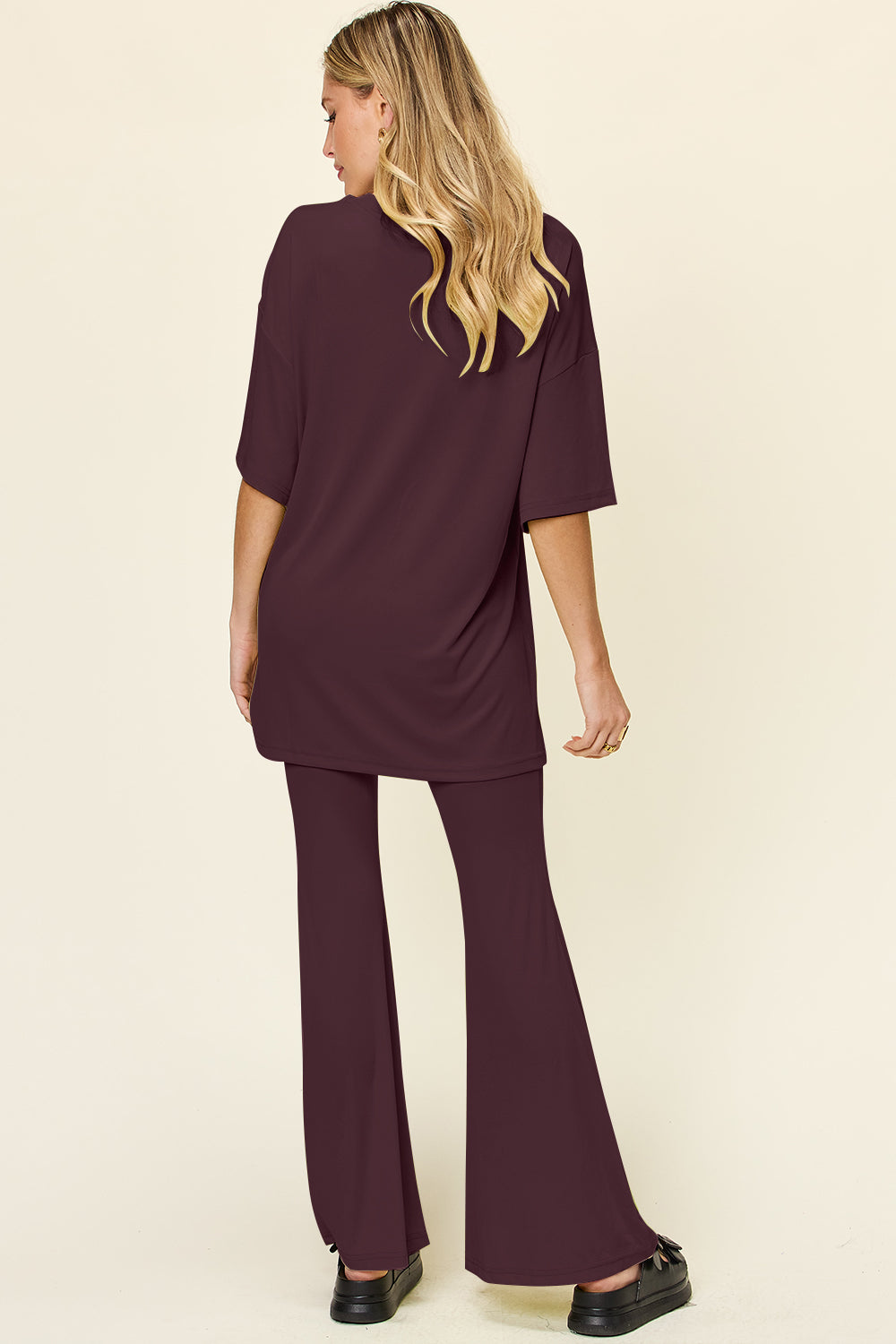 Double Take Full Size Round Neck Drop Shoulder T-Shirt and Flare Pants Set - felvior