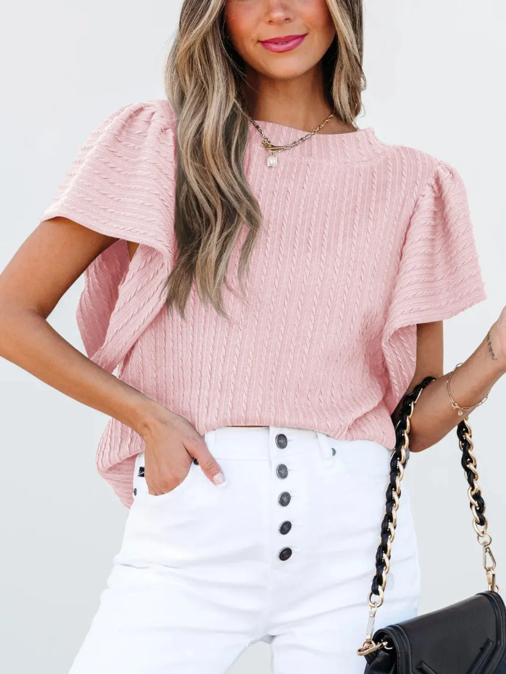 Round Neck Ruffle Sleeve Top