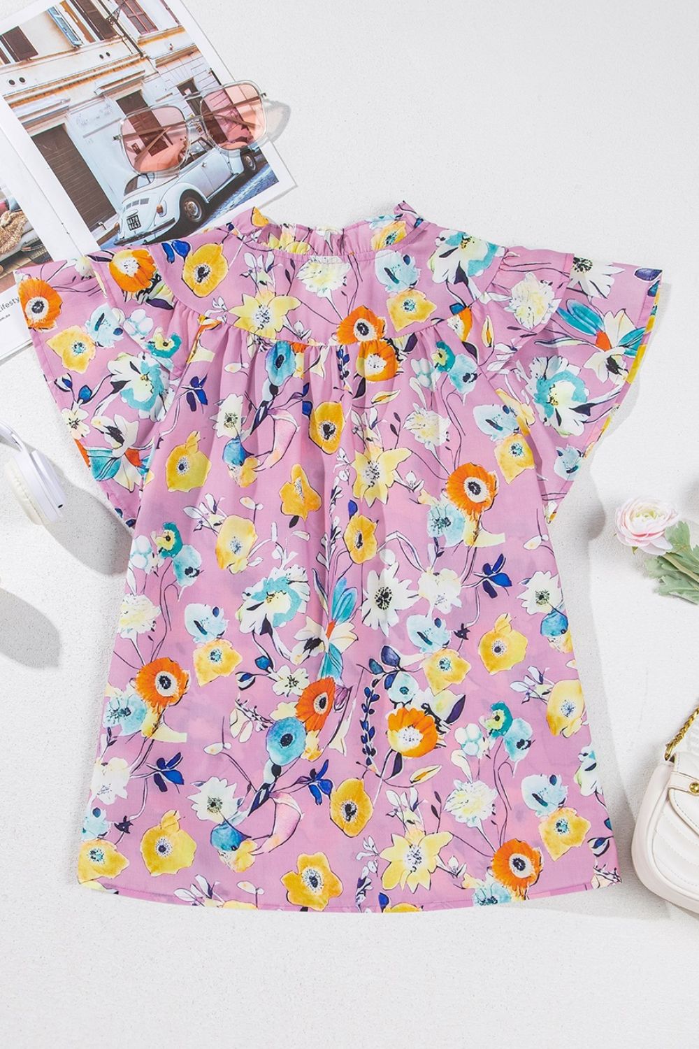 Printed Notched Double Layered Ruffle Sleeve Blouse