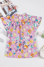 Printed Notched Double Layered Ruffle Sleeve Blouse