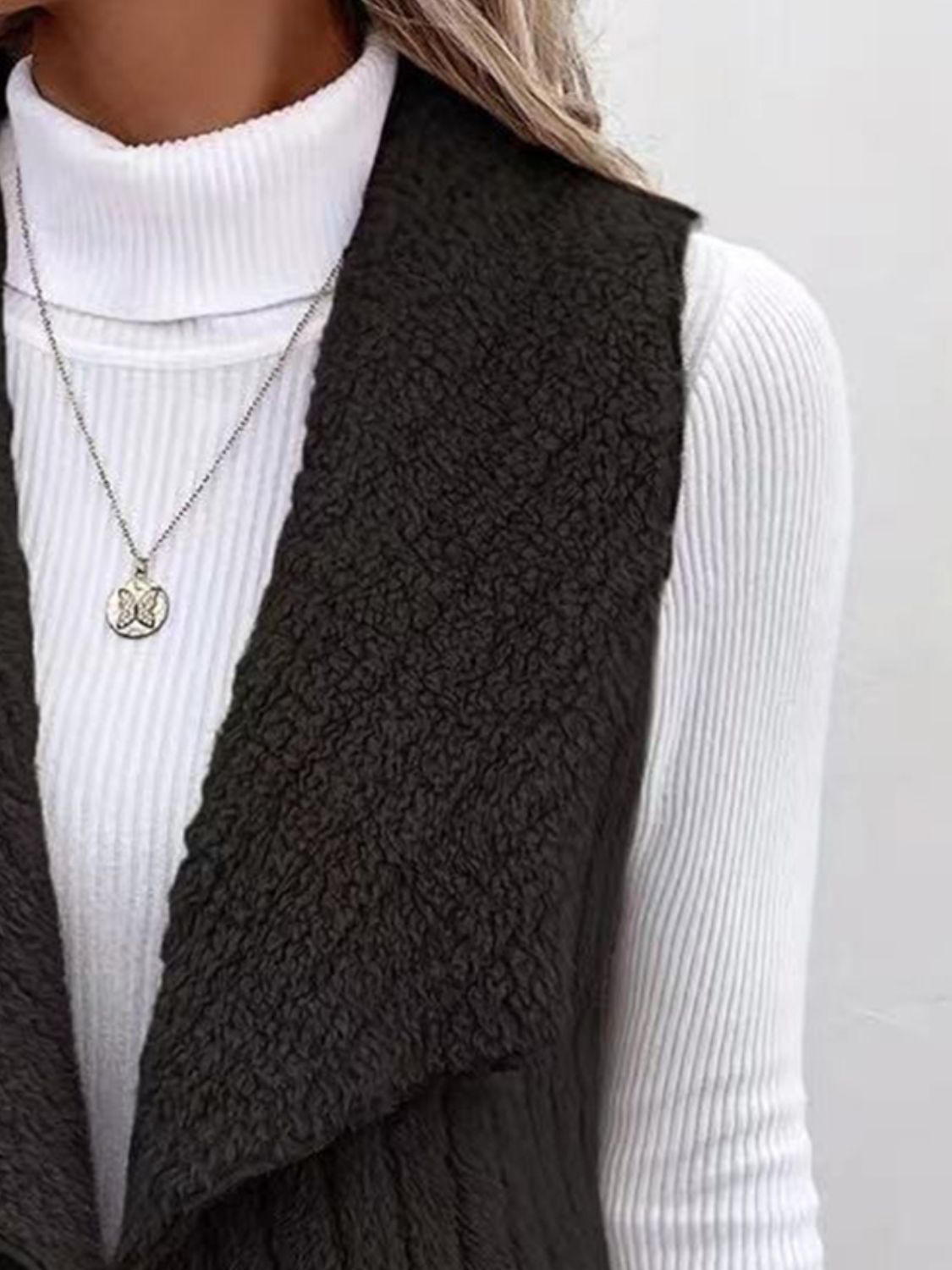 Open Front Fuzzy Vest Coat - felvior