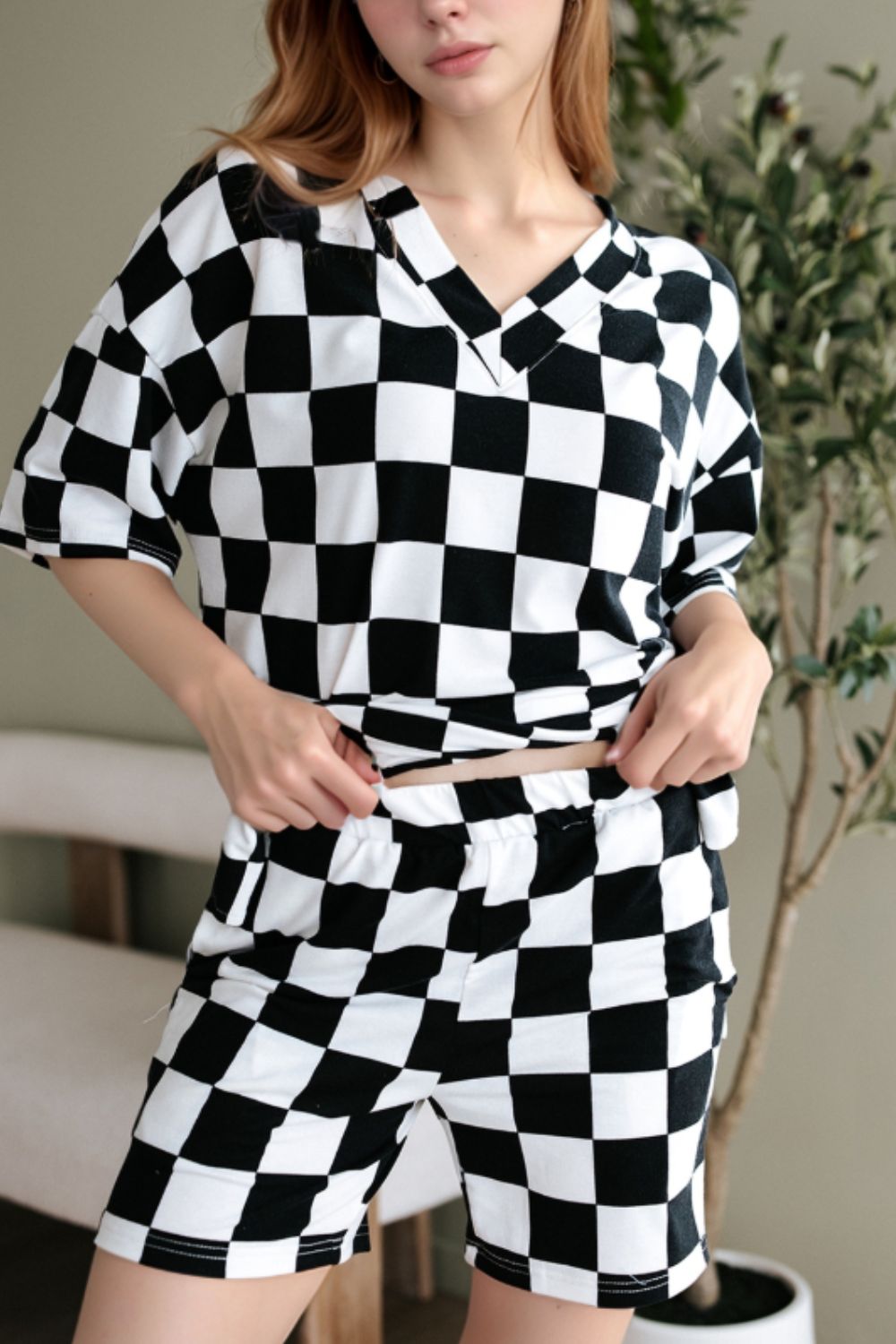 Checkerboard V Neck Loose Tee and Shorts Set