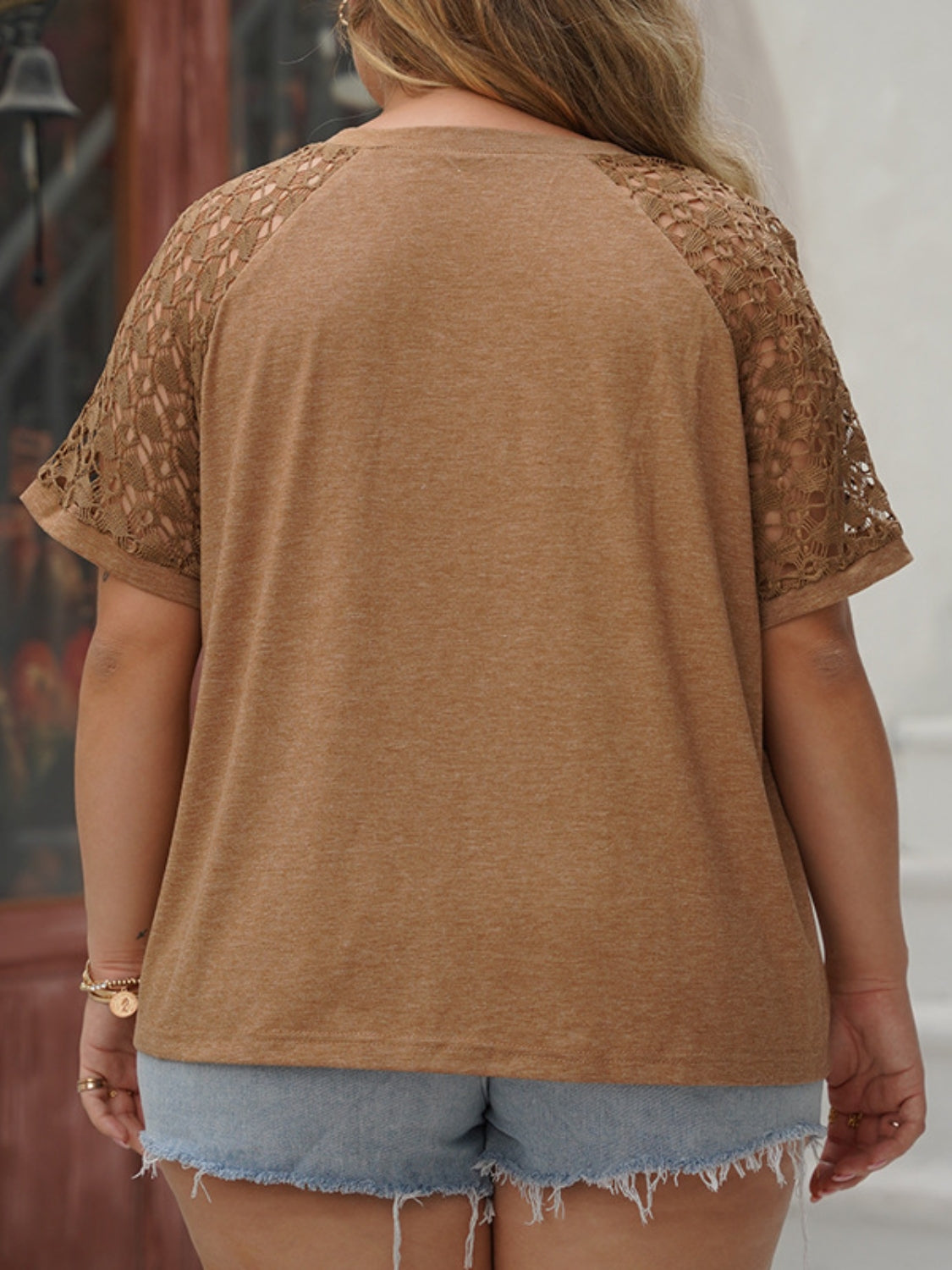 Plus Size Lace Round Neck Short Sleeve T-Shirt