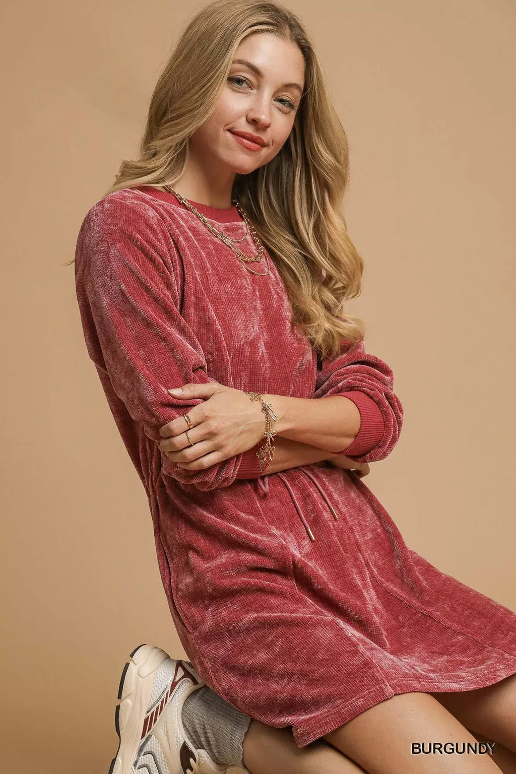 Umgee Velour Drawstring Mini Dress with Long Sleeves