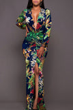 Printed Plunge Neck Leg Split Maxi Dress - felvior