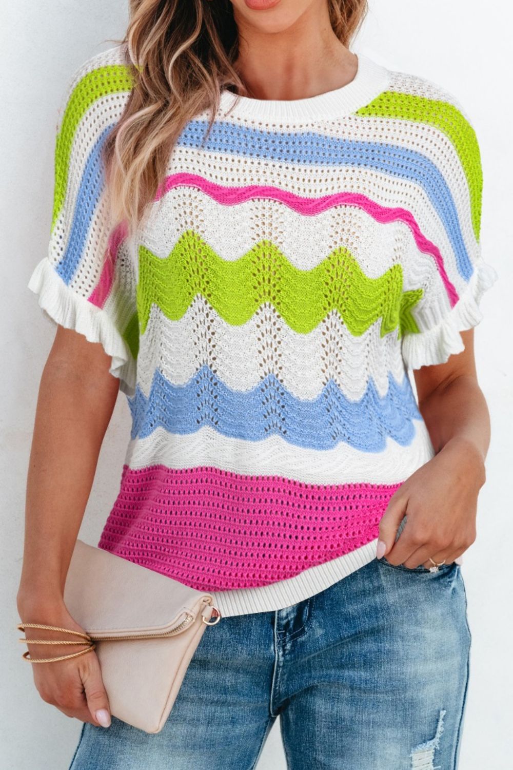 Color Block Crochet Ruffled Short Sleeve Knit Top