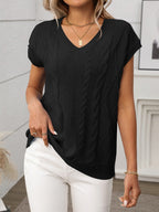 Cable-Knit V-Neck Short Sleeve Knit Top