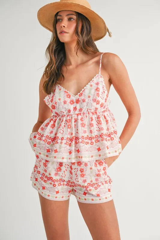 MABLE Floral Printed Peplum Top and Shorts Set - felvior
