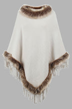 Faux Fur Trim Fringed Poncho