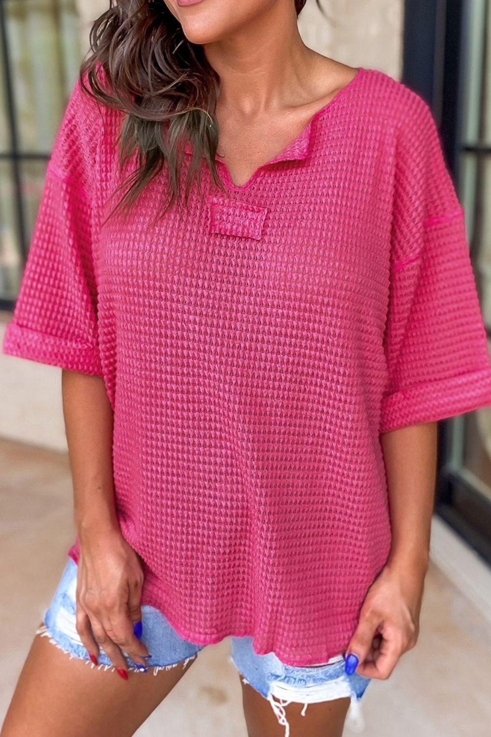 Textured Cuffed Short Sleeve Top - felvior