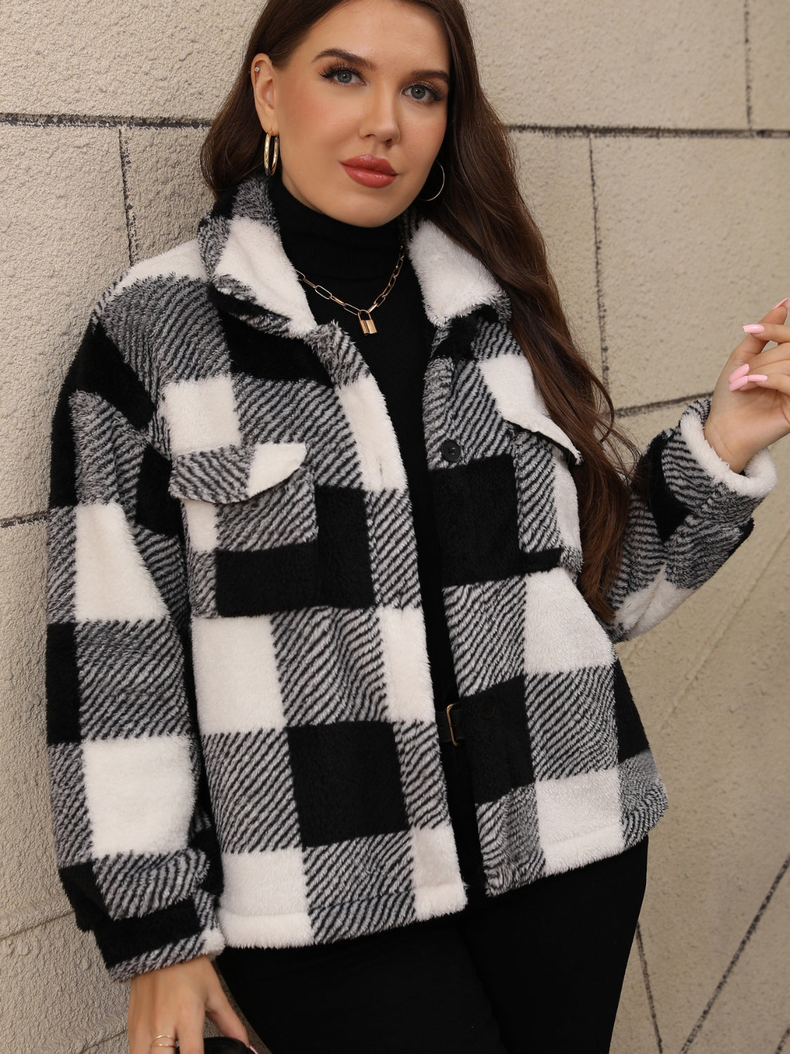 Plus Size Pocketed Plaid Collared Neck Jacket Secondary image