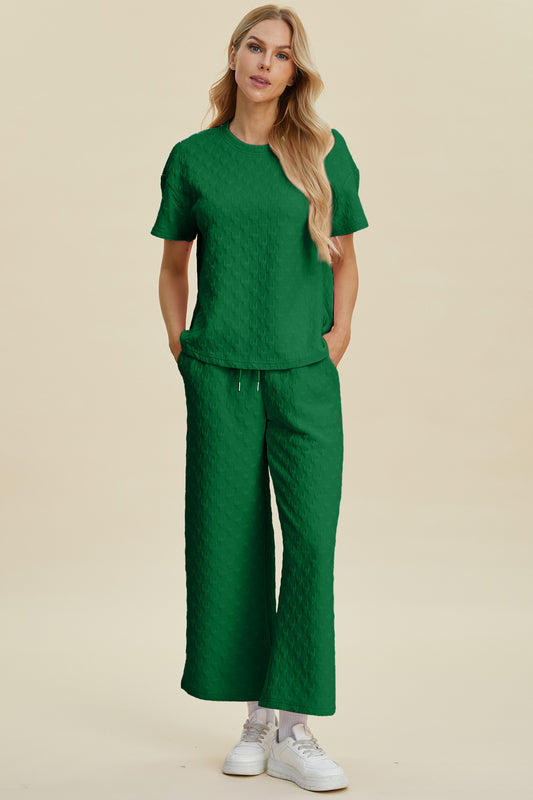 Double Take Full Size Texture Round Neck Short Sleeve Top and Pants Set - felvior