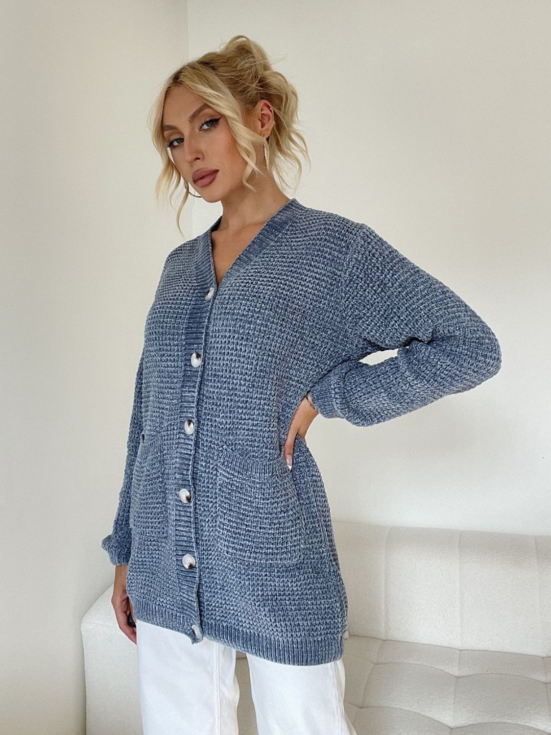 Pocketed V-Neck Button Up Cardigan - felvior