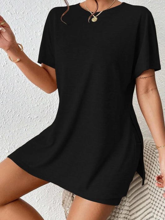 Slit Round Neck Short Sleeve Oversized Top and Shorts Set - felvior