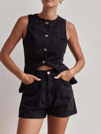 Button Down Vest and Shorts Denim Set