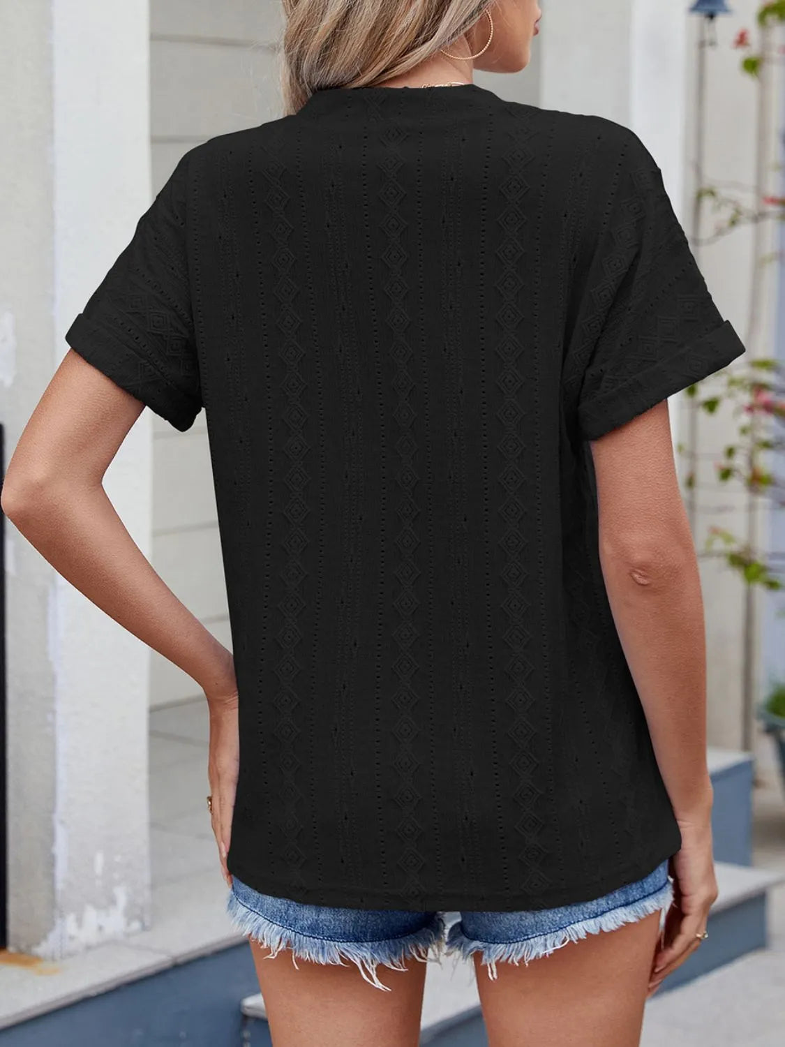 Eyelet Notched Short Sleeve Top