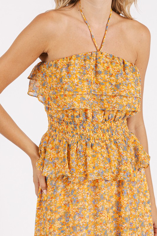 Mittoshop Ruffled Smocked Floral Halter Neck Maxi Dress - felvior