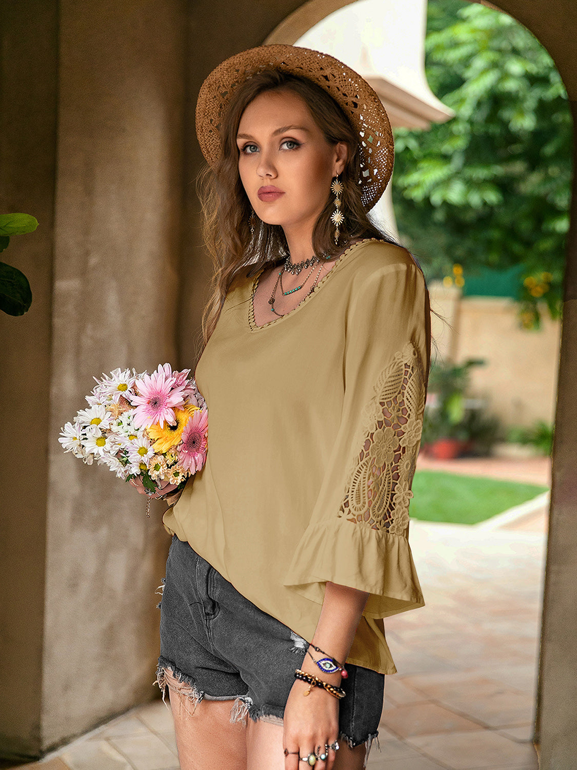 Plus Size Lace Detail V-Neck Flounce Sleeve Blouse - felvior