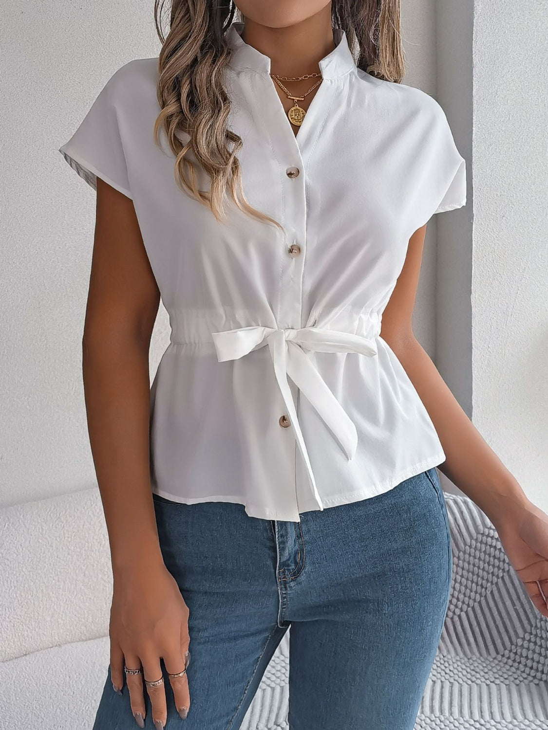 Notched Short Sleeve Blouse - felvior
