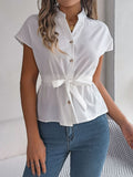 Notched Short Sleeve Blouse - felvior