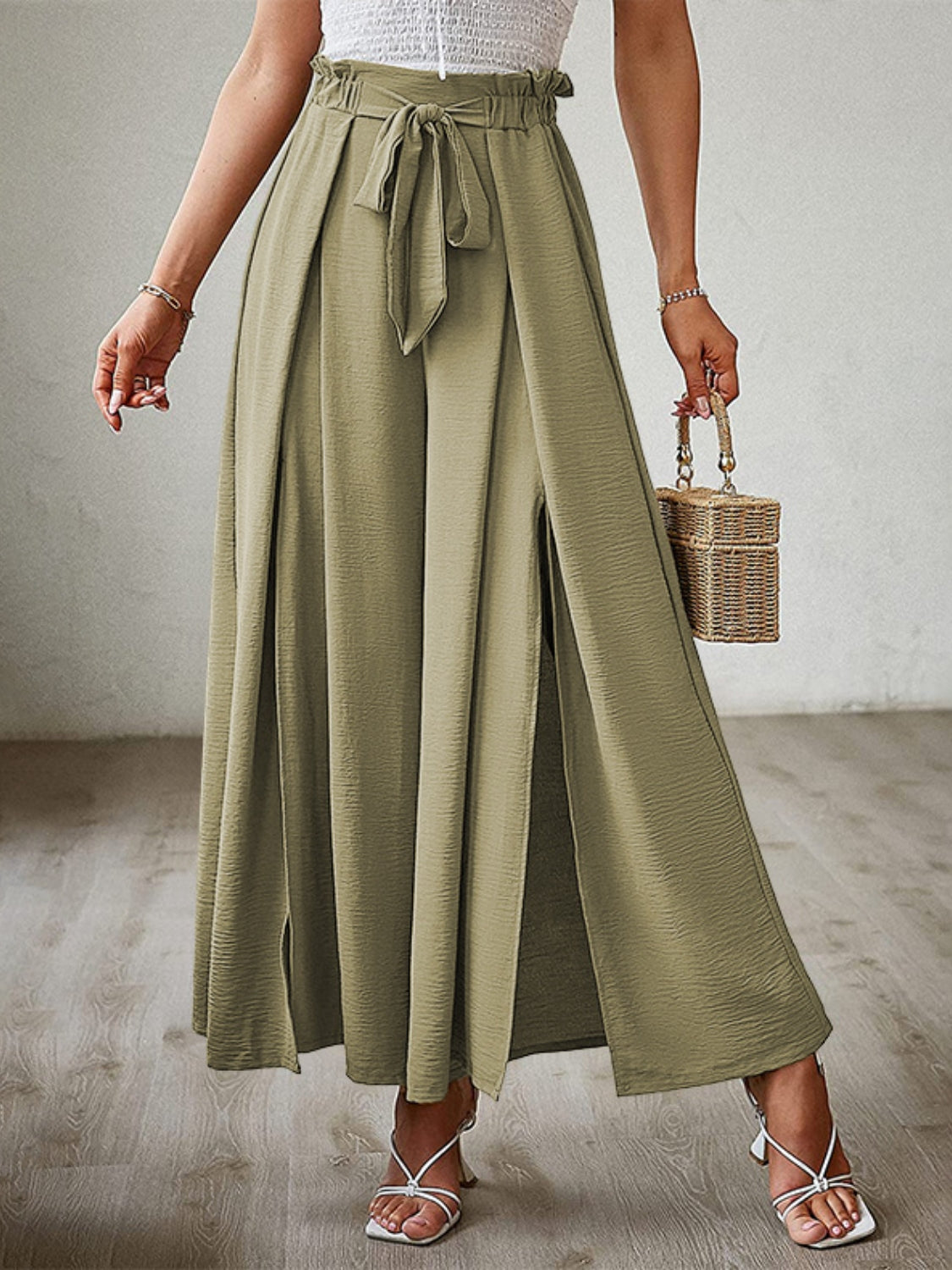 Tied Slit Wide Leg Pants - felvior