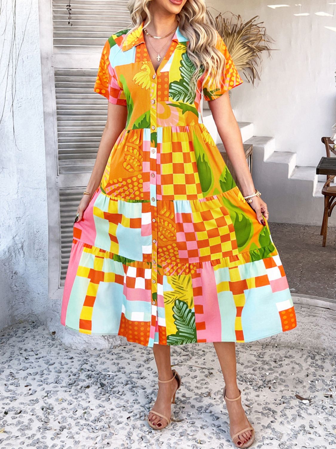 Devine Printed Johnny Collar Button Down Short Sleeve Midi Shirt Dress - felvior