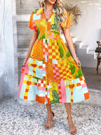 Devine Printed Johnny Collar Button Down Short Sleeve Midi Shirt Dress