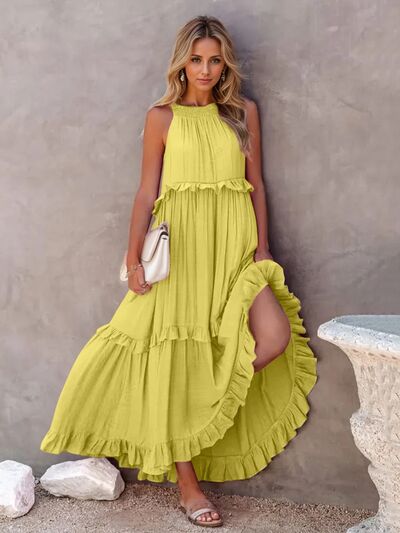 Ruffled Sleeveless Tiered Maxi Dress with Pockets - felvior