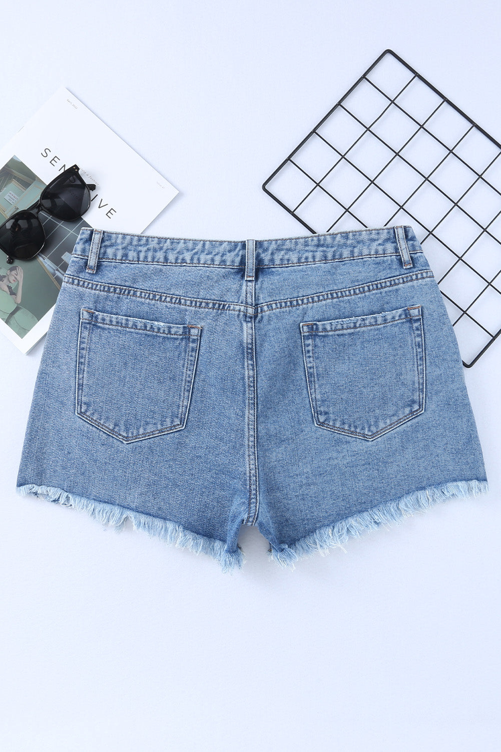 High Rise Crossover Waist Denim Shorts - felvior