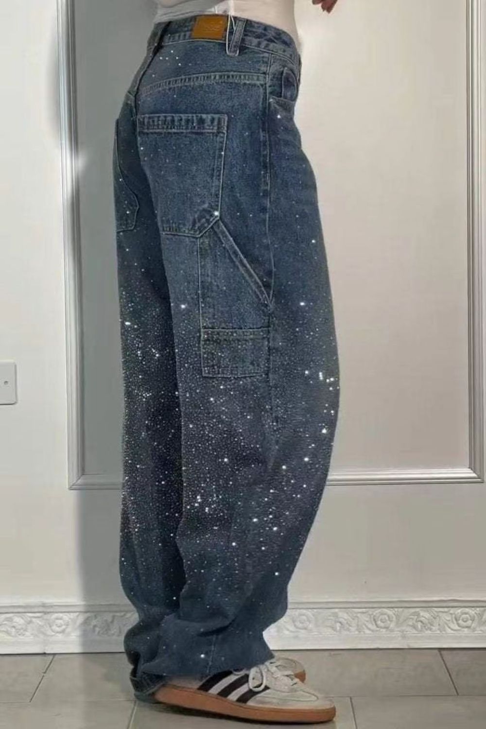 Full Size Washed Rhinestone Detail Wide leg Jeans Plus Size