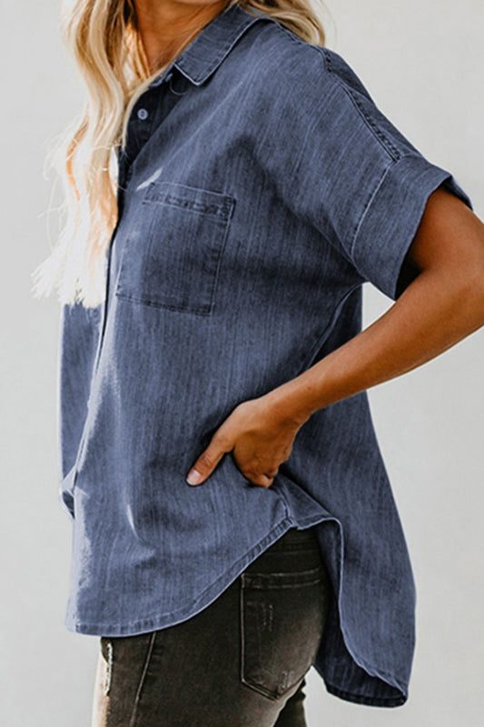 Pocketed Button Up Short Sleeve Denim Shirt - felvior