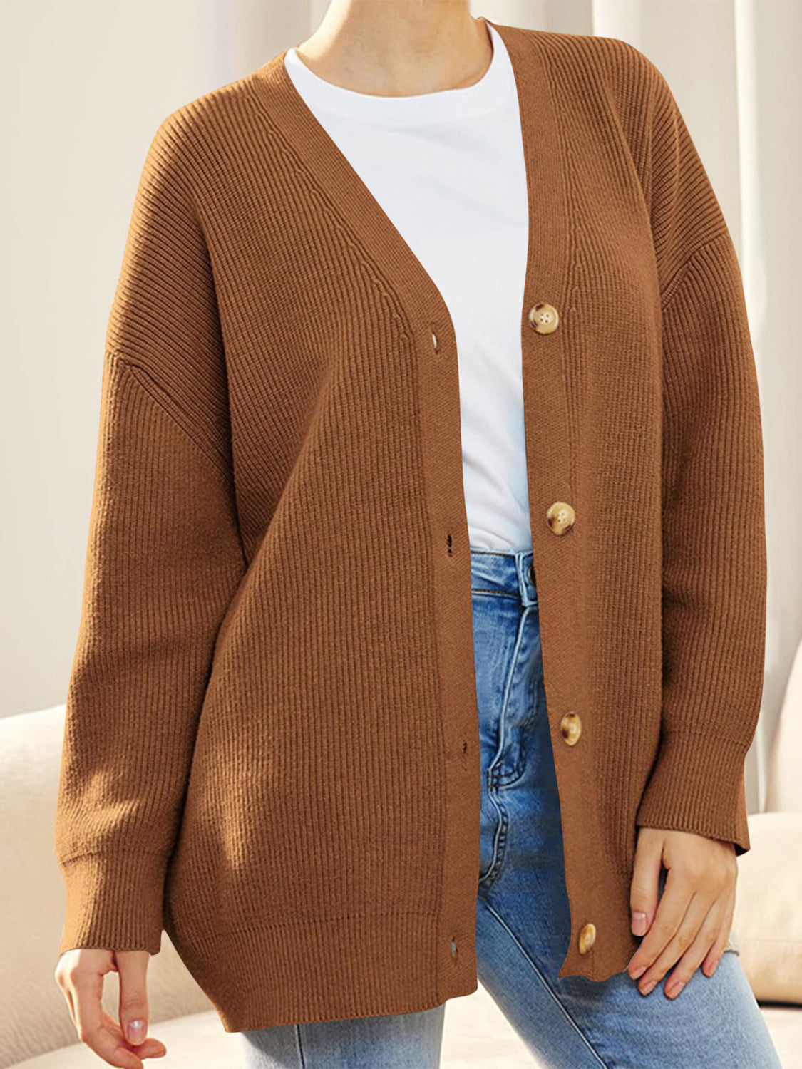 Button Down V-Neck Long Sleeve Cardigan - felvior