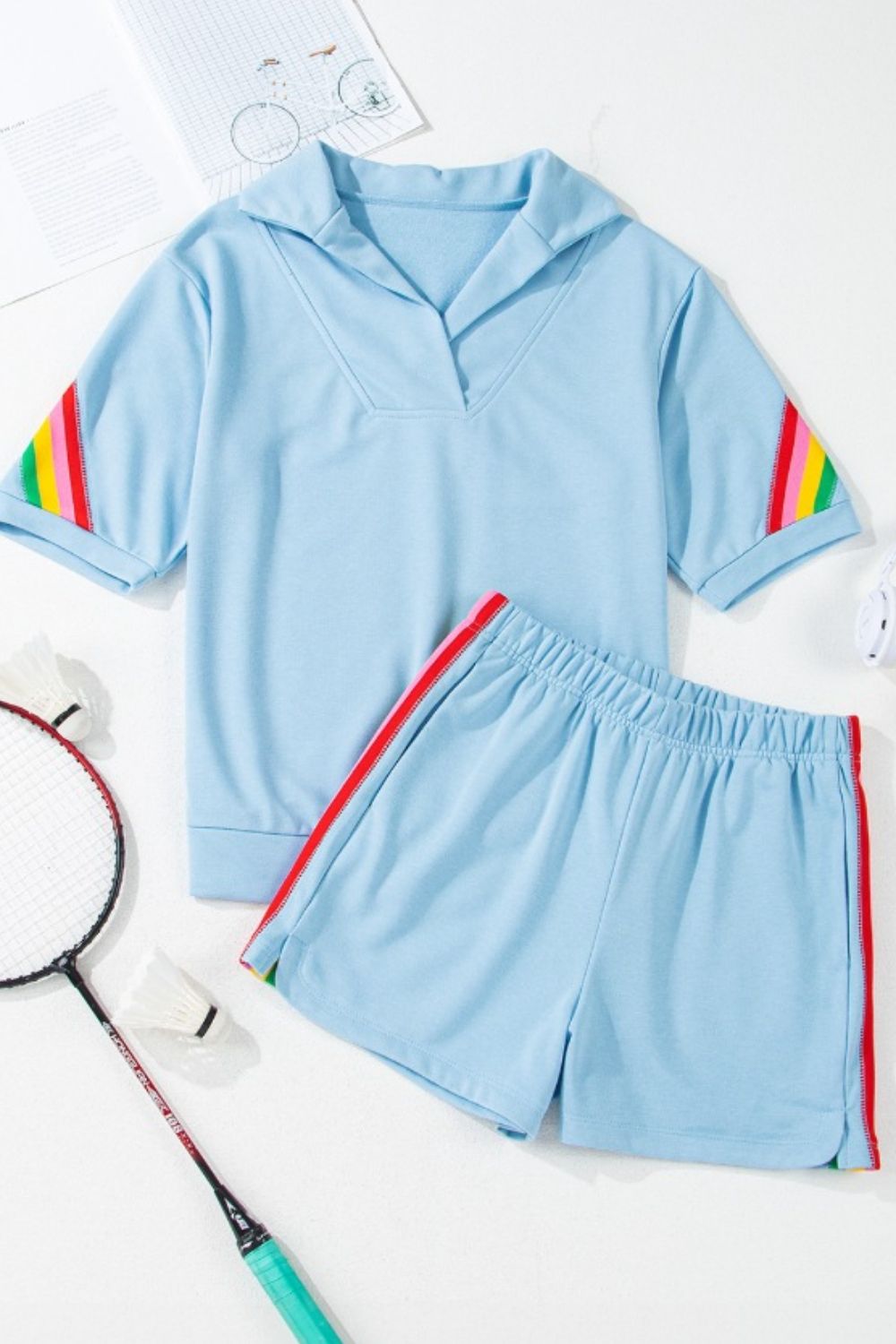 Rainbow Collared Short Sleeve Top and Shorts Set - felvior