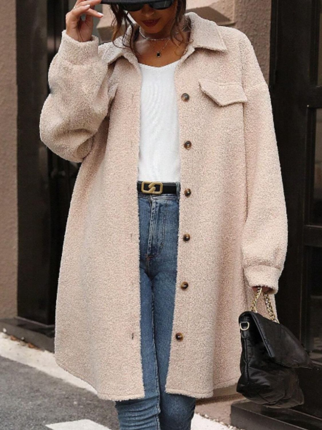 Button Up Drop Shoulder Sherpa Coat - felvior