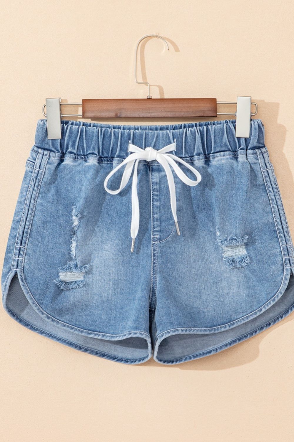 Drawstring High Waist Distressed Denim Shorts - felvior