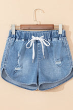 Drawstring High Waist Distressed Denim Shorts