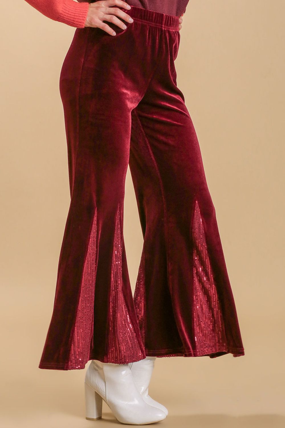 Umgee Full Size Sequin Elastic Waist Velvet Stretch Flare Leg Pants Plus Size - felvior